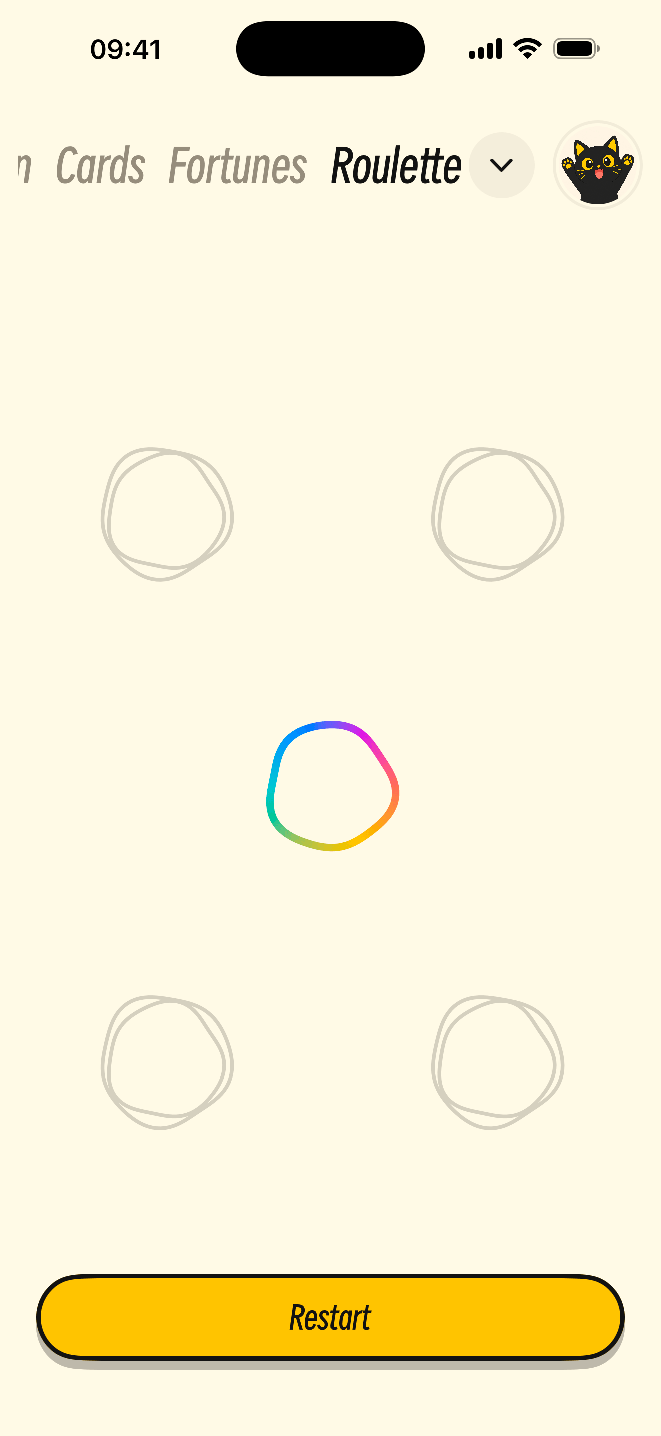 Schermata del gioco di gruppo di PickPick in inglese con un anello colorato tra cinque anelli