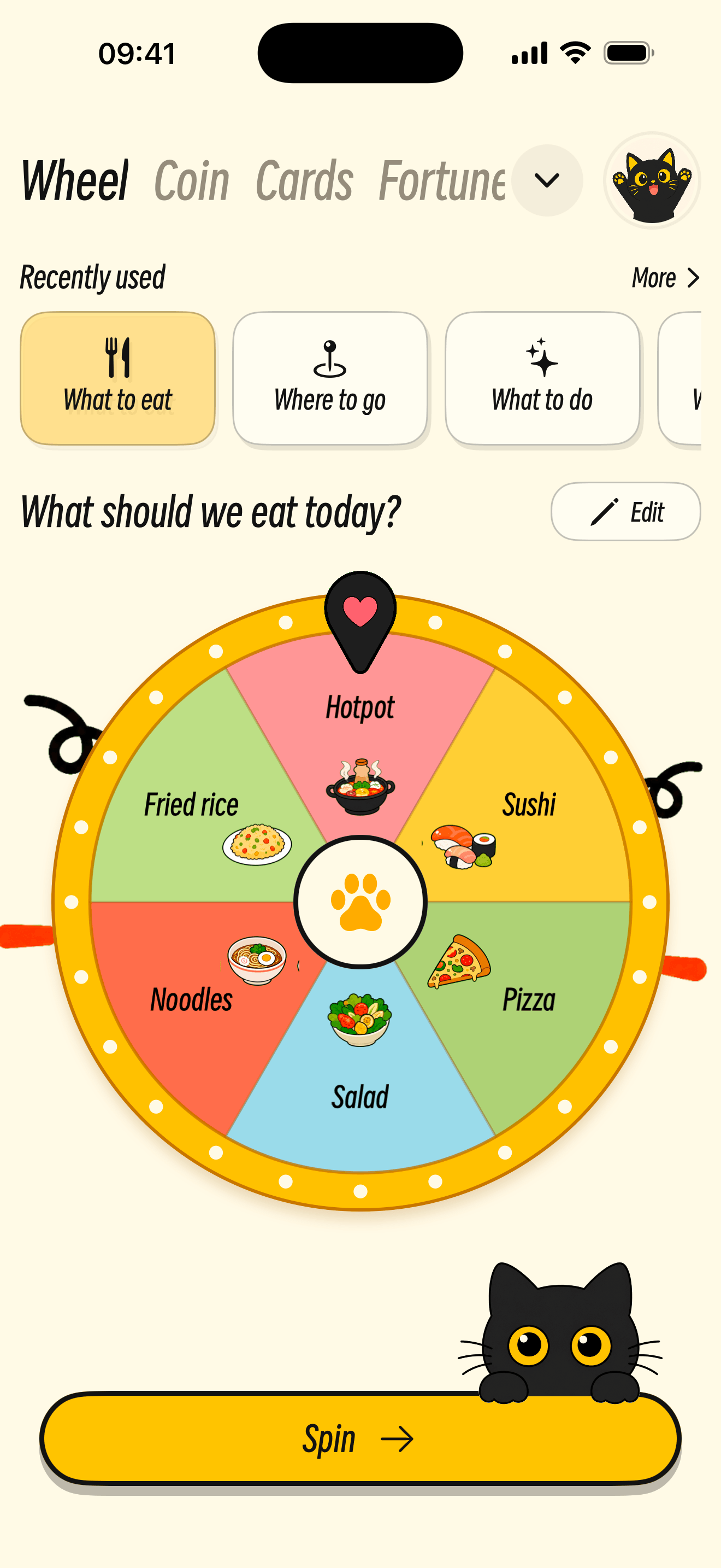 Schermata della ruota di PickPick in inglese con sei opzioni per il pasto, tra cui hot pot e sushi